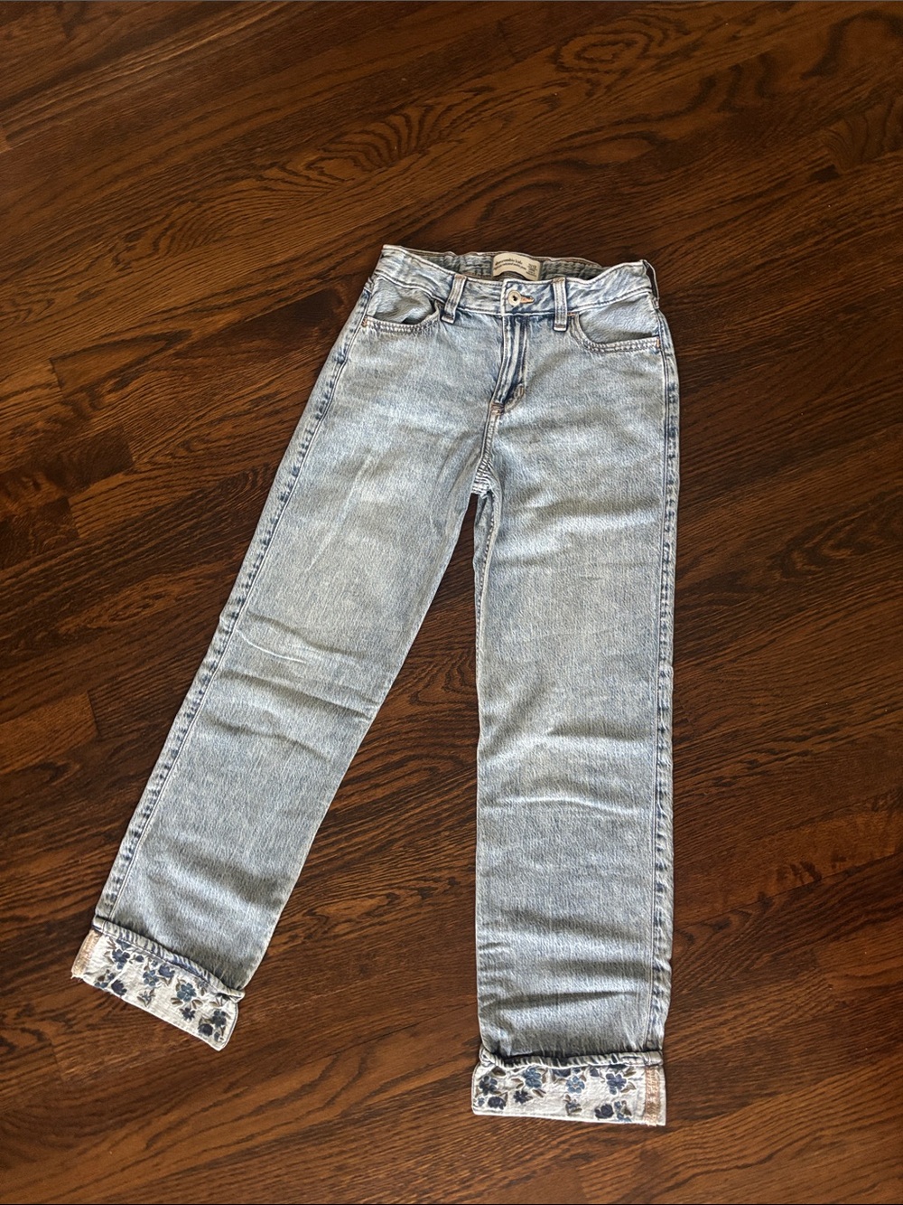 Abercrombie & Fitch Light Blue Straight Leg Jeans with Floral Cuff